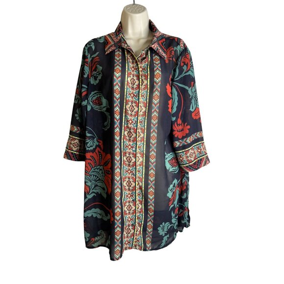 Soft Surroundings Size L Tribal Ikat Print Button Up Tunic Top Boho Sheer Kimono - Picture 1 of 7